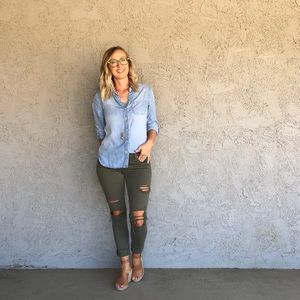 Desert green distressed denim